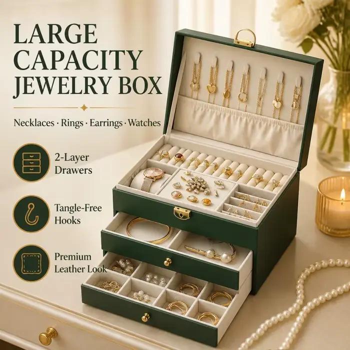 Boîte à bijoux multifonctionnelle avec serrure, boîte de rangement en cuir pour bijoux, boîte à boucles d'oreilles, boîte de rangement pour boucles d'oreilles