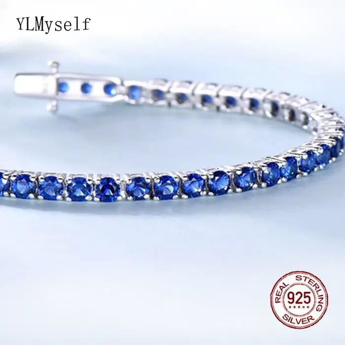 3 mm Montana bleu Semi cubique Zircon beau réel 925 bijoux pour femmes/hommes solide pur argent 15-21 cm Bracelet de Tennis