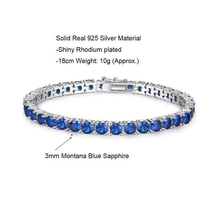 3 mm Montana bleu Semi cubique Zircon beau réel 925 bijoux pour femmes/hommes solide pur argent 15-21 cm Bracelet de Tennis