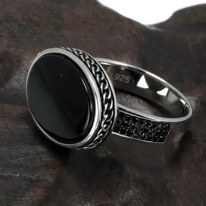 Bague en argent sterling 925 sertie d'onyx et agate pour homme et femme, alliance de mariage vintage avec pierre noire micro-pavée pour occasions spéciales