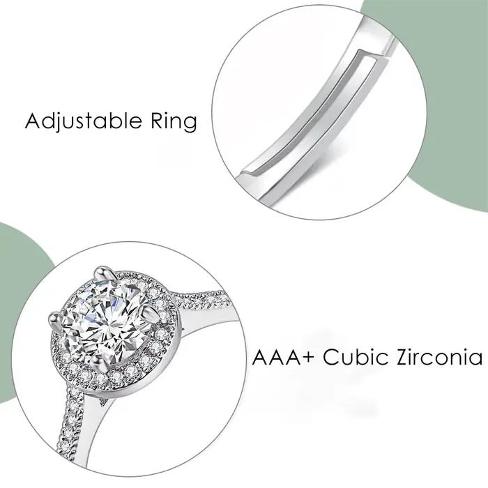 Bague solitaire réglable pour femme, alliance de mariage couleur argent AAA avec zircone cubique, bijou de fiançailles pour occasions d'engagement élégantes
