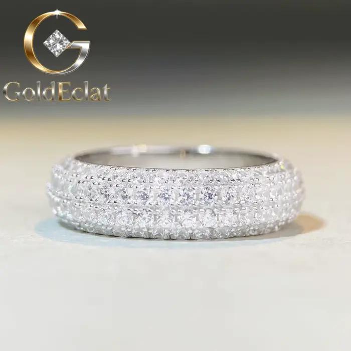 GoldEclat Bague Hip Hop de luxe en or blanc massif et platine PT950 entièrement sertie de diamants, unisexe, taille moyenne, populaire en Europe et en Amérique