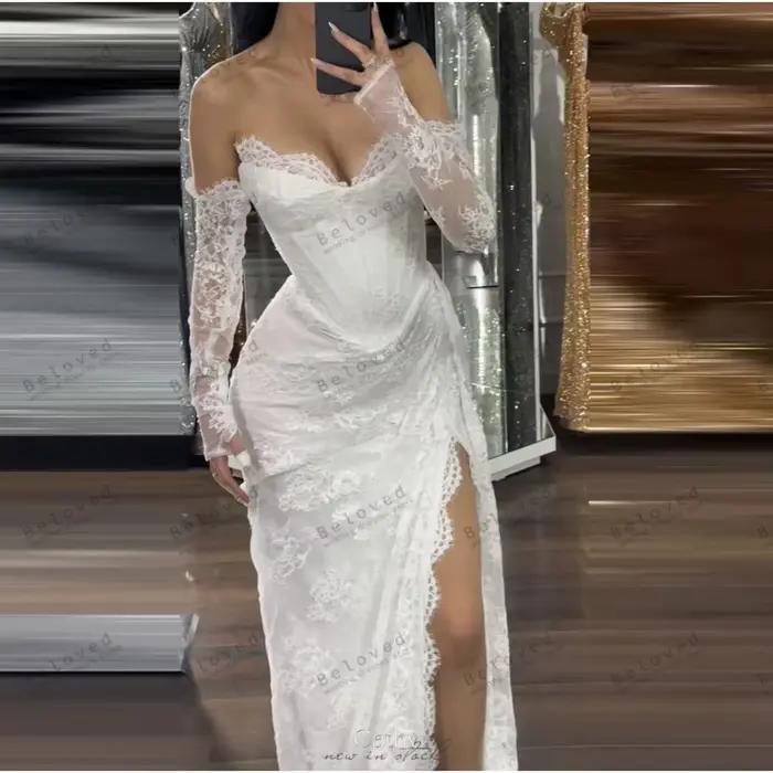 Robes de mariée glamour, robes de mariée vintage, robes à volants en dentelle, robes épaules dénudées, fente haute, robes de mariée personnalisées 2026