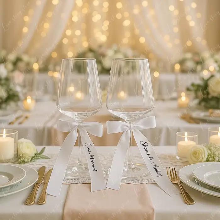 Rubans personnalisés nom de mariage cadre de lieu nœuds de ruban en verre Champagne décoration de réception étiquette nominative de boisson de fête pour mariage anniversaire fêtes occasions spéciales
