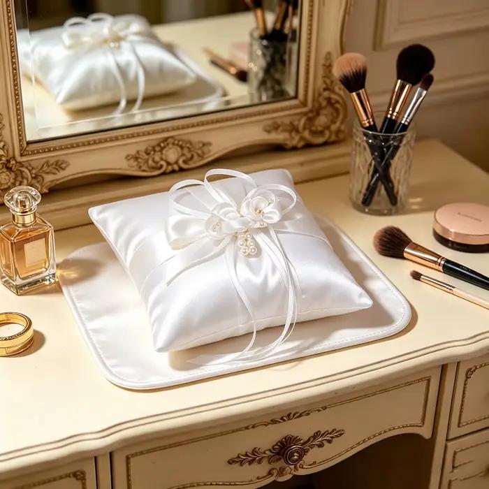 Coussin porte-alliances carré blanc en satin avec nœud perlé