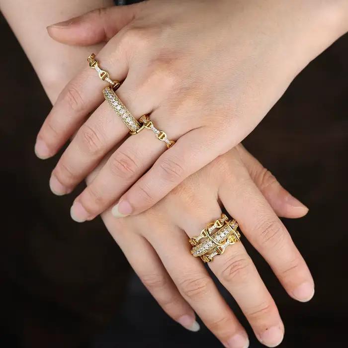 Bague empilable multicouche pour femmes, pavé scintillant, CZ géométrique, doigt complet, mode luxe, bijoux de doigt de mariage