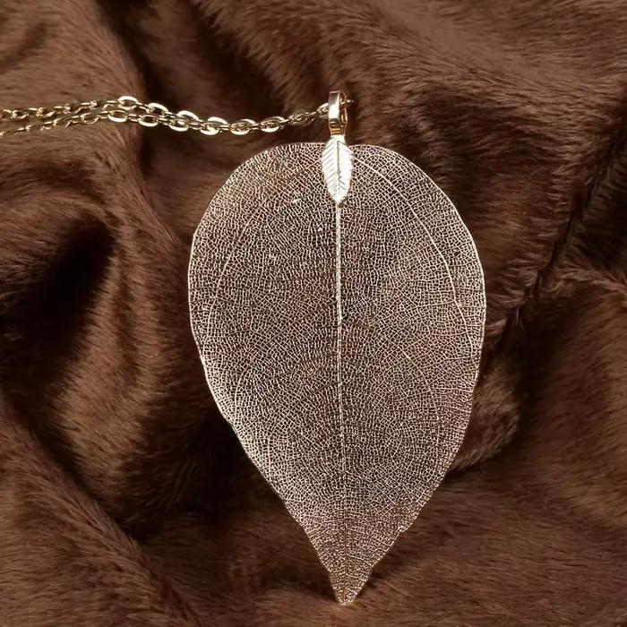 LOVBEAFAS Unique naturel véritable feuille Collier pour femmes filigrane longue déclaration Vintage