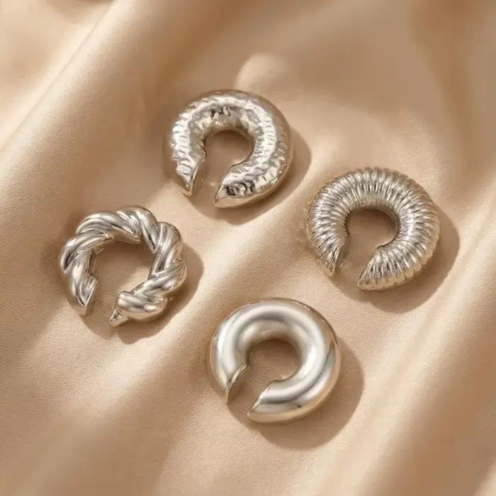 Lot de 4 grandes boucles d'oreilles manchette CCB non-percées pour femmes