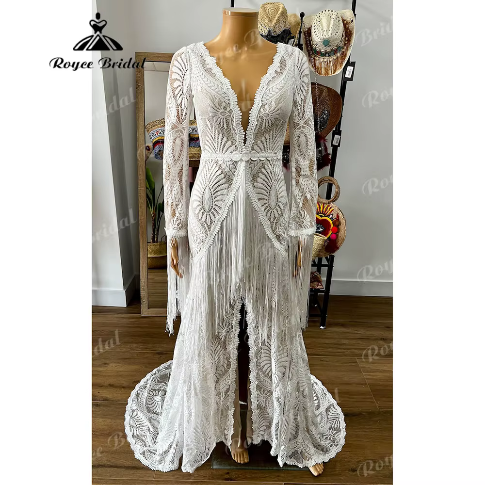 Elopement-Robe de Mariée Bohème en Dentelle à Manches sulfpour Femme, Col en V, Franges, Dos aux, Po