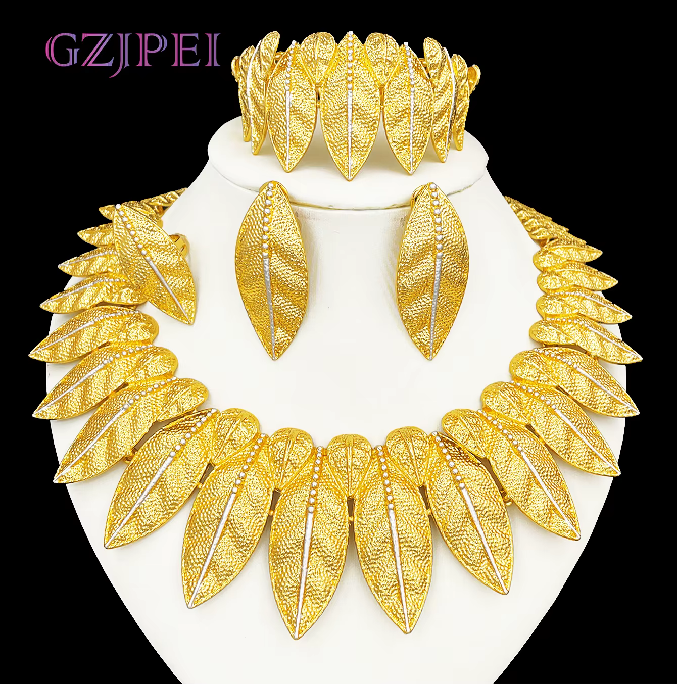 GZJPEI italien 18K plaqué or ensemble de bijoux Vintage feuilles conception exagération grandes bijo