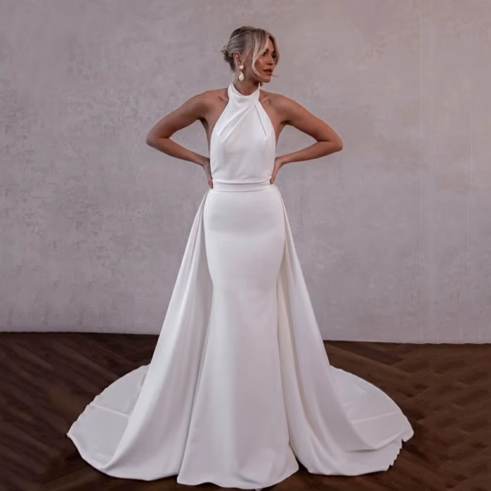 Robes de mariée sirène élégantes pour femmes, poignées personnalisées, train amovible, licou en pans