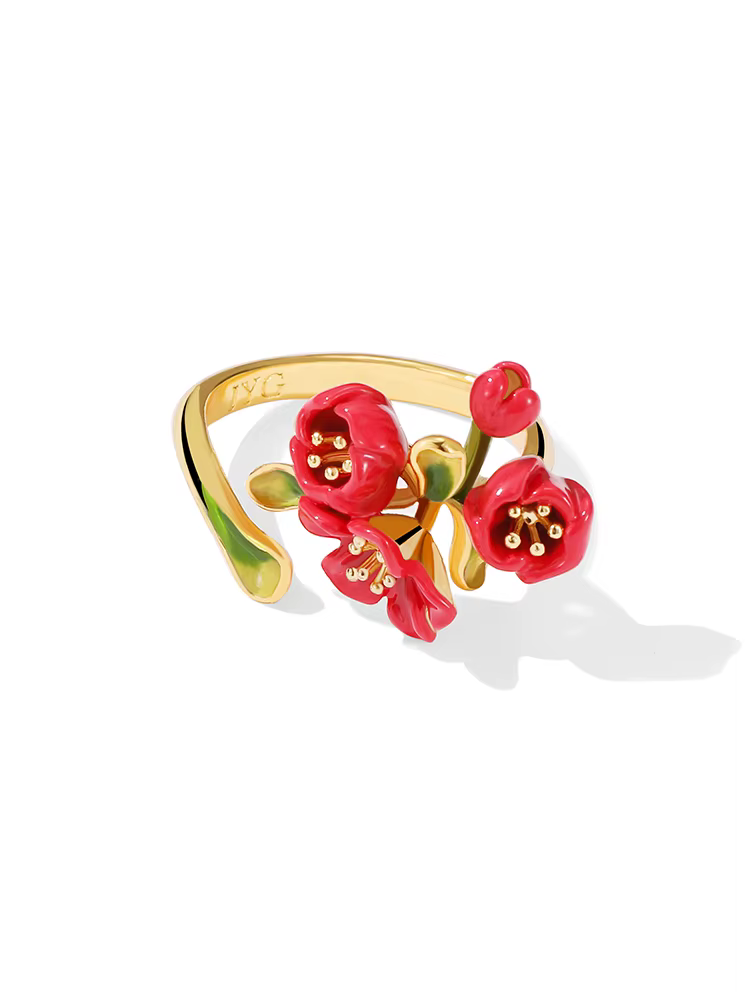 Bague Fleur de Bégonia Rouge JUICY GRAPE pour Femme, Bague Ajustable en Émail de Luxe Français, Plaq