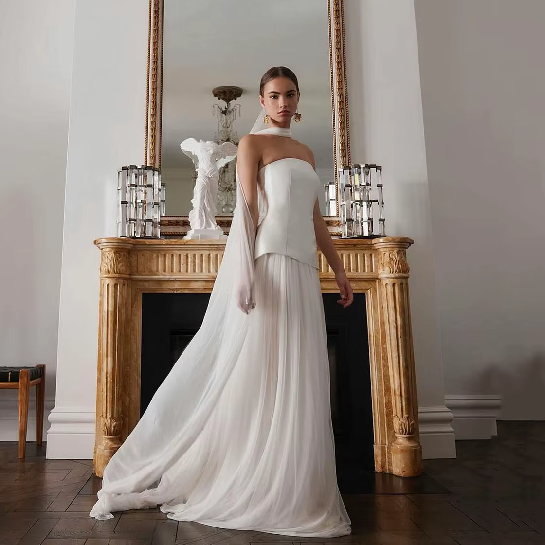 Robe de mariée élégante en satin, bustier avec jupe en mousseline, robe de soirée de mariage 2026, p