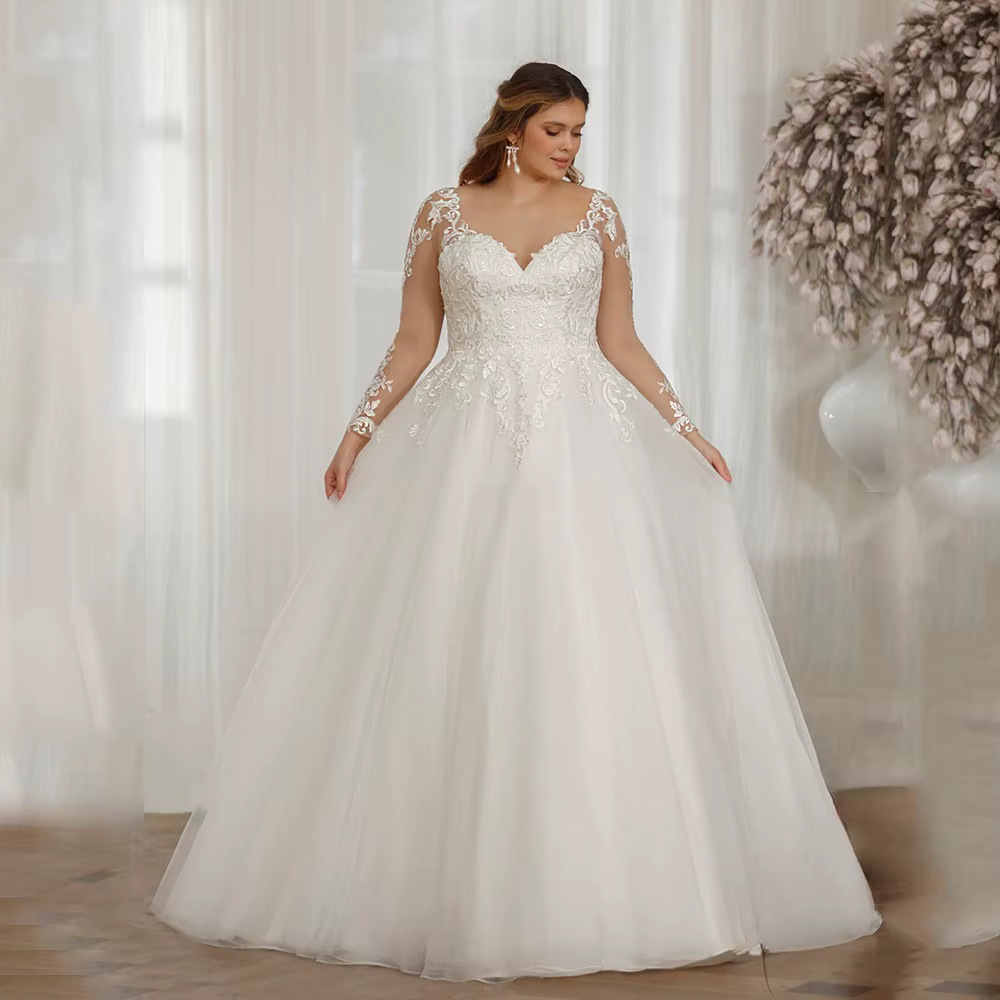Robes de mariée à col en V, grande taille, manches longues, appliques au dos, lacets, tulle, mariée,