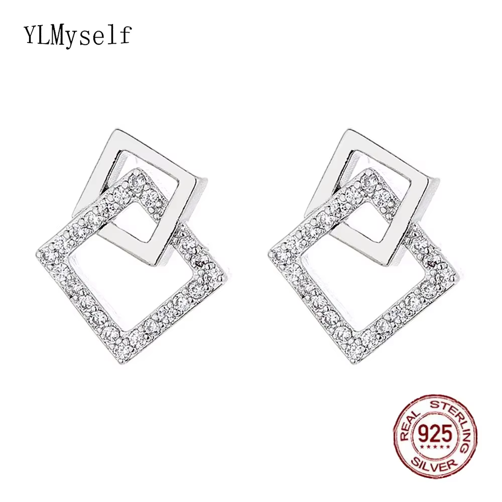 YLMyself 925 boucles d'oreilles carrées en argent pour femmes pavé CZ géométrique mode coréenne bure