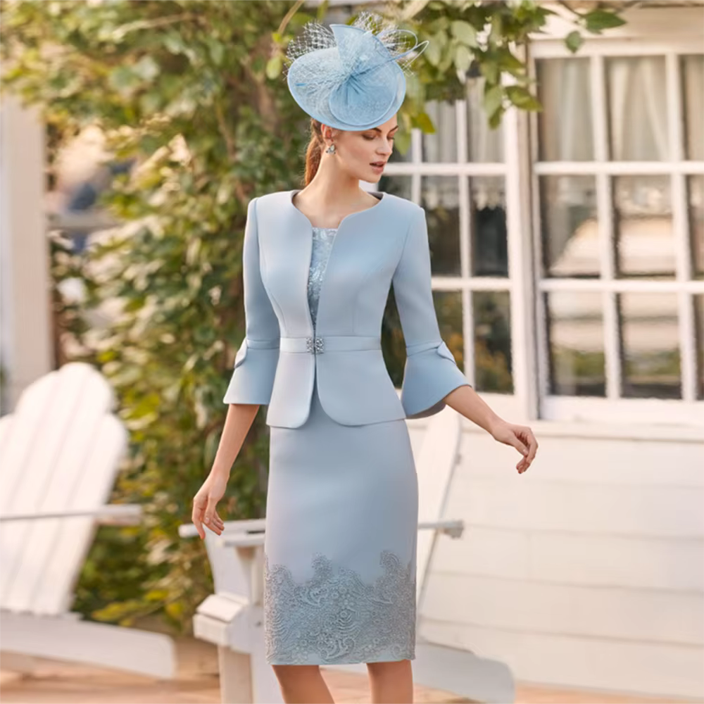 Robes de mère de la mariée en dentelle exquise pour mariage, bleu, encolure dégagée, fête de Rh, quo