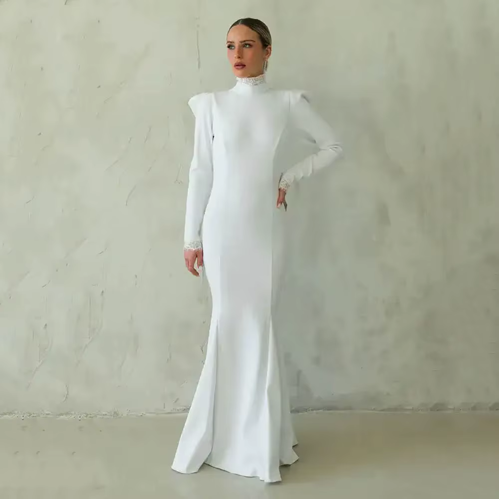 Robes de mariée sirène musulmanes pour femmes, robe de mariée élégante, col haut, manches longues, r