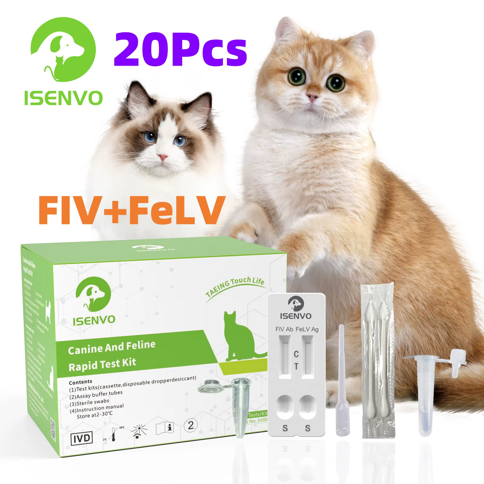 Analyste de test de chlore pour immunodéficience féline et leucémie pour chats, FIV + FeLV, 20 pièce