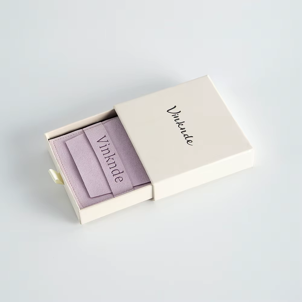 Boîte à bijoux beige 9x9x3,2 cm, étui en papier avec tiroir 8x8 cm, sac en microfibre, organiseur de