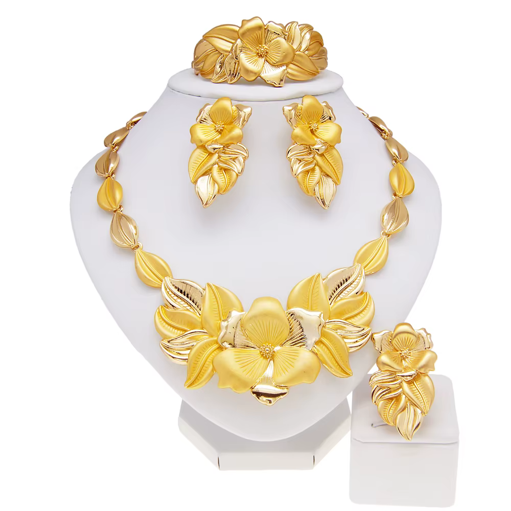 Femmes collier boucles d'oreilles bague Bracelet ensemble de bijoux bourgeon pendentif plaqué or lux