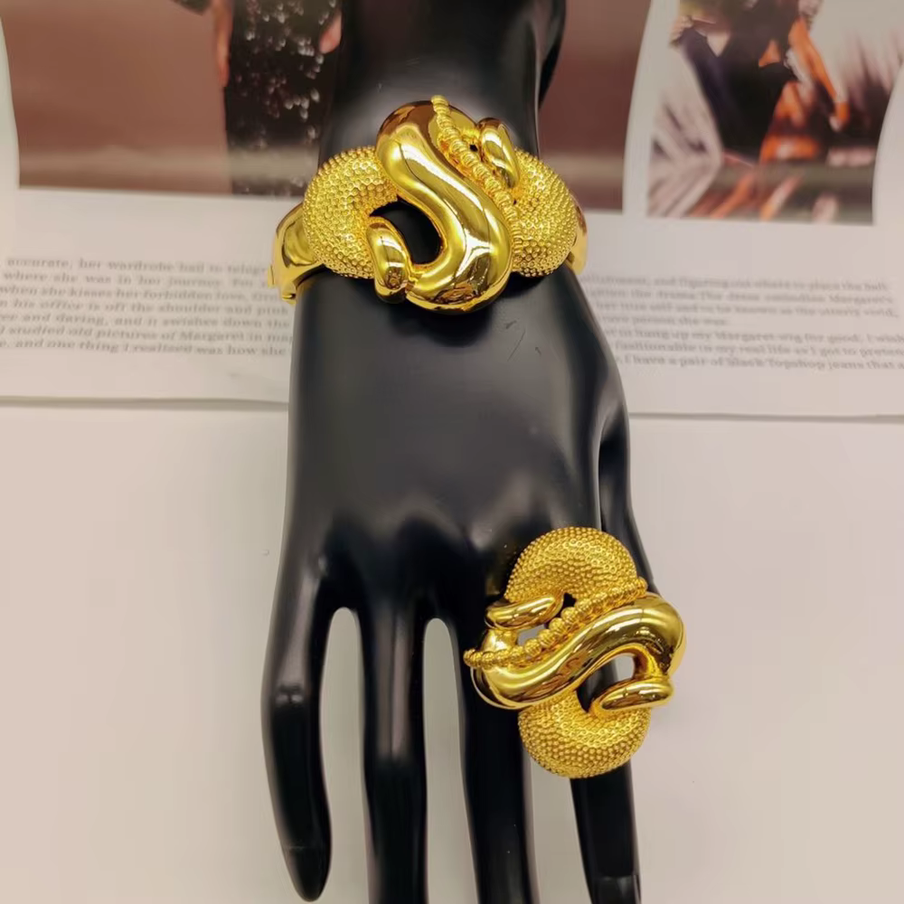 Ensemble de bijoux pour femmes, bracelet et bague de dubaï, pour mariage, mariée, couleur or, bague 