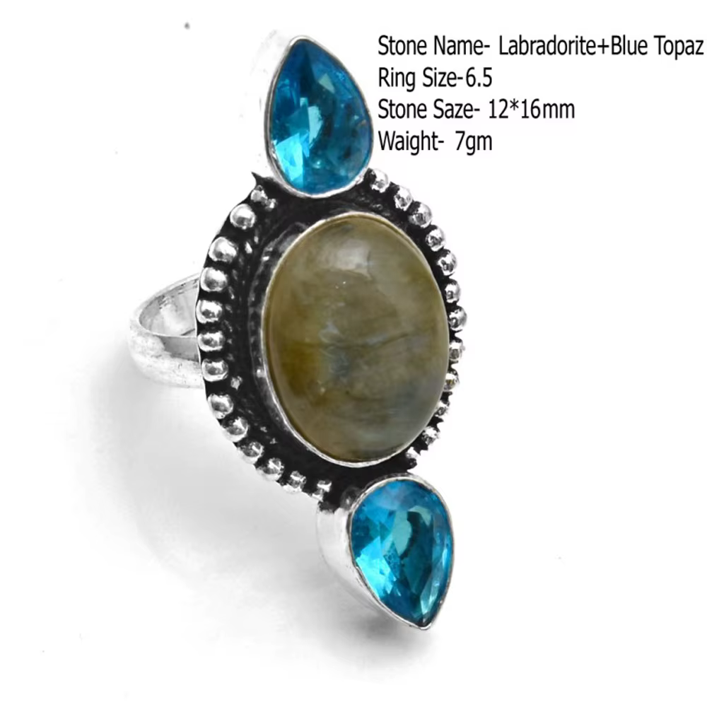 Véritable bague brute en pierre de lune Larimar Labradorite Kyanite, taille américaine: 6 ~ 6.75