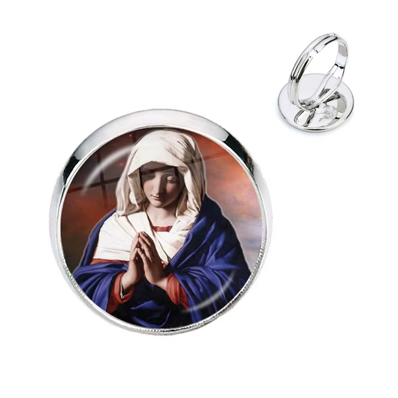 Bague en Verre Vierge Marie, Mère de Bébé, Jésus, Time Gem Réglable pour Homme et Femme, Bijoux Cath