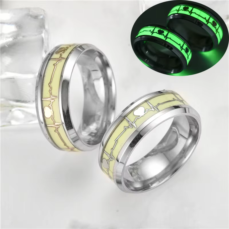 Bague en acier inoxydable pour hommes et femmes, 8MM, brille dans la nuit, pour Couple, battement de