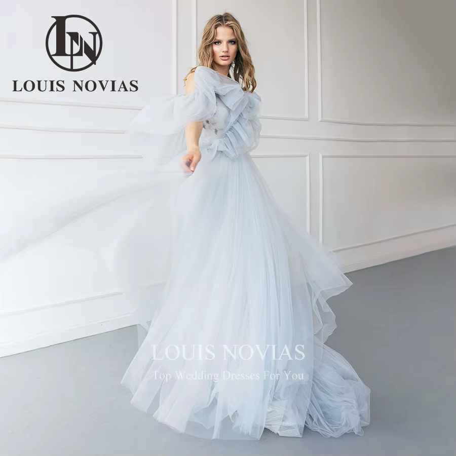 Modiis-Robe de mariée A-Line en tulle bleu, dos nu, bretelles spaghetti, col en V en fibre, sexy, pa