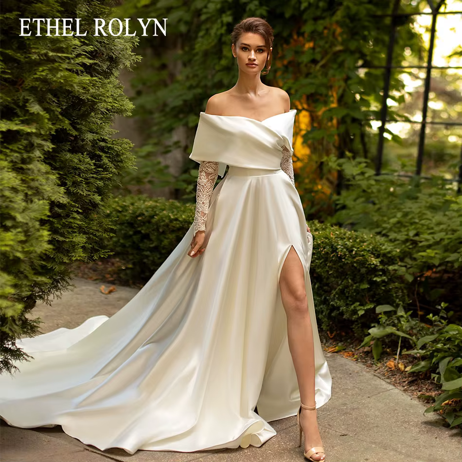ETHEL ROLYN robe de mariée trapèze élégante en Satin chérie princesse mariée perles dentelle à manch