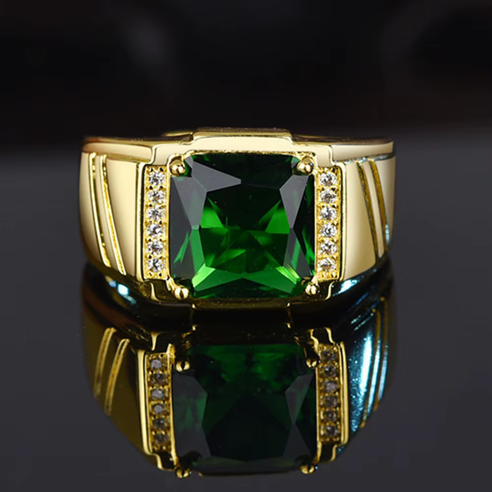 Bagues ouvertes en cristal vert émeraude pour hommes, bijoux en or 18 carats remplis de pierres préc