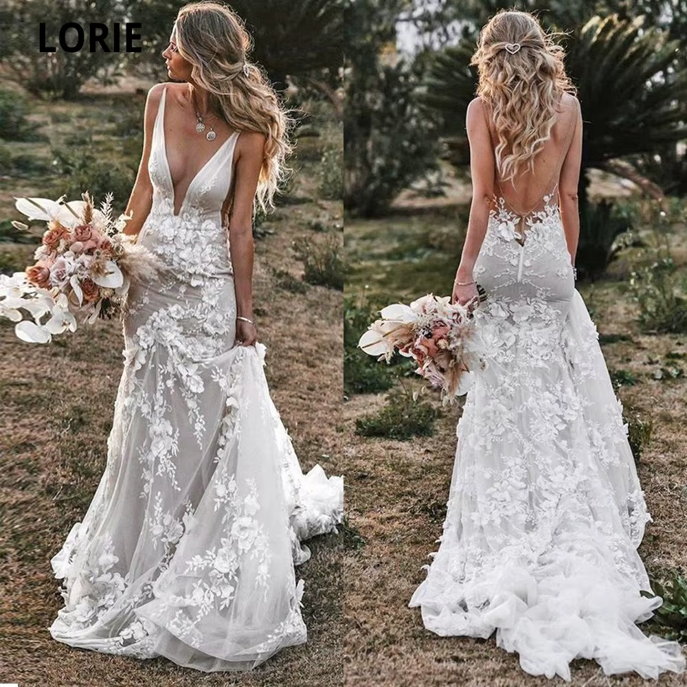 LORIE-Robe de Mariée Sirène Vintage, Col en V, Dos aux, Dentelle, Appliques, Fleurs 3D, Patients de 