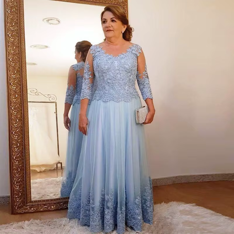 Robe de taille mère de la mariée bleu clair, vêtement de grande dimensions en dentelle et à manches 