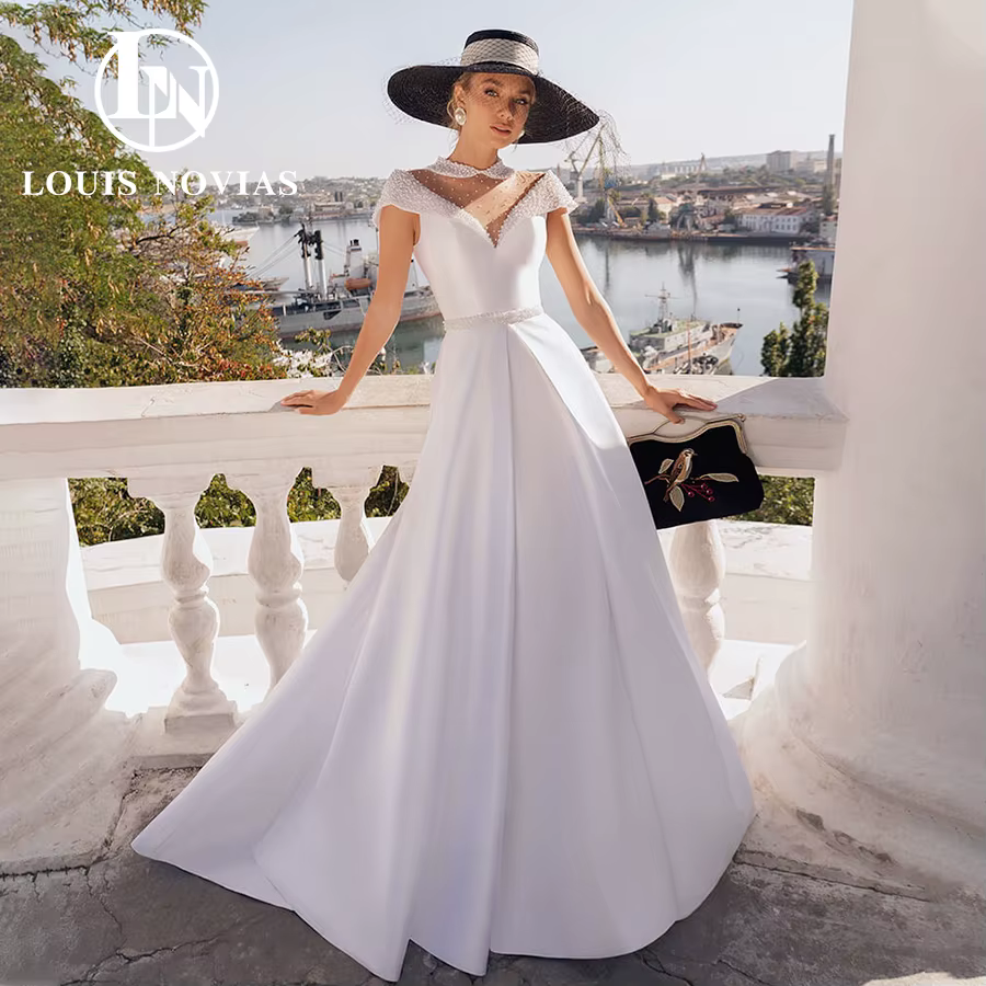 Modiis-Robe de mariée en satin avec perles et mancherons, robes de mariée A-Line, col en V, robes de