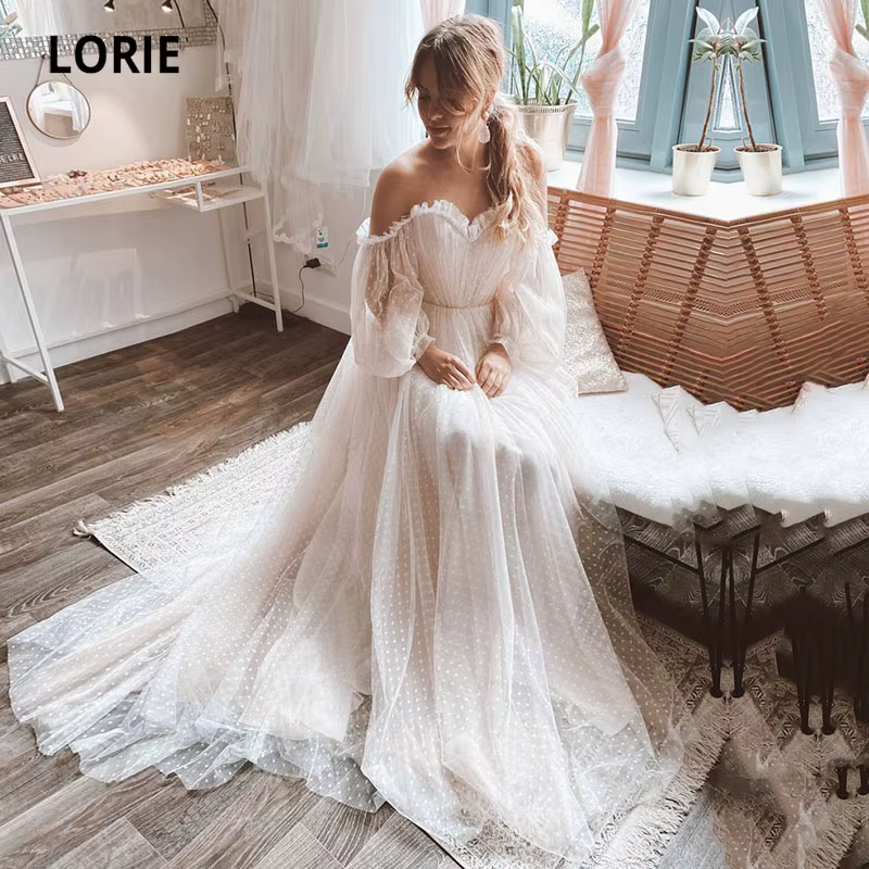 LORIE-Robe de Mariée Romantique à Manches Bouffantes, Style Bohème, à Pois, pour Patients de Plage, 