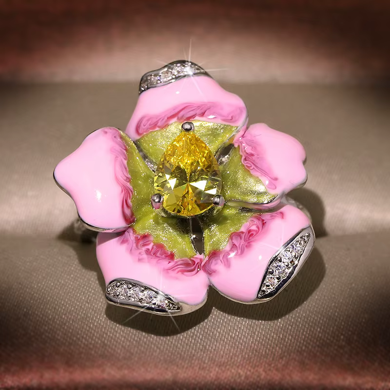 Grand anneau en émail rouge, bijoux rétro Antique, en argent 925, bohème, plage, fête, cristal, fleu
