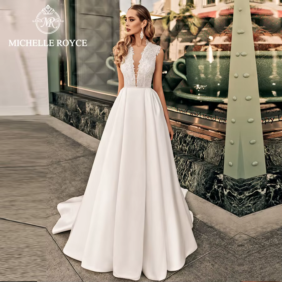 Michelle Royce a-ligne robe De mariée pour mariée Sexy décolleté en v profond sans manches fermeture