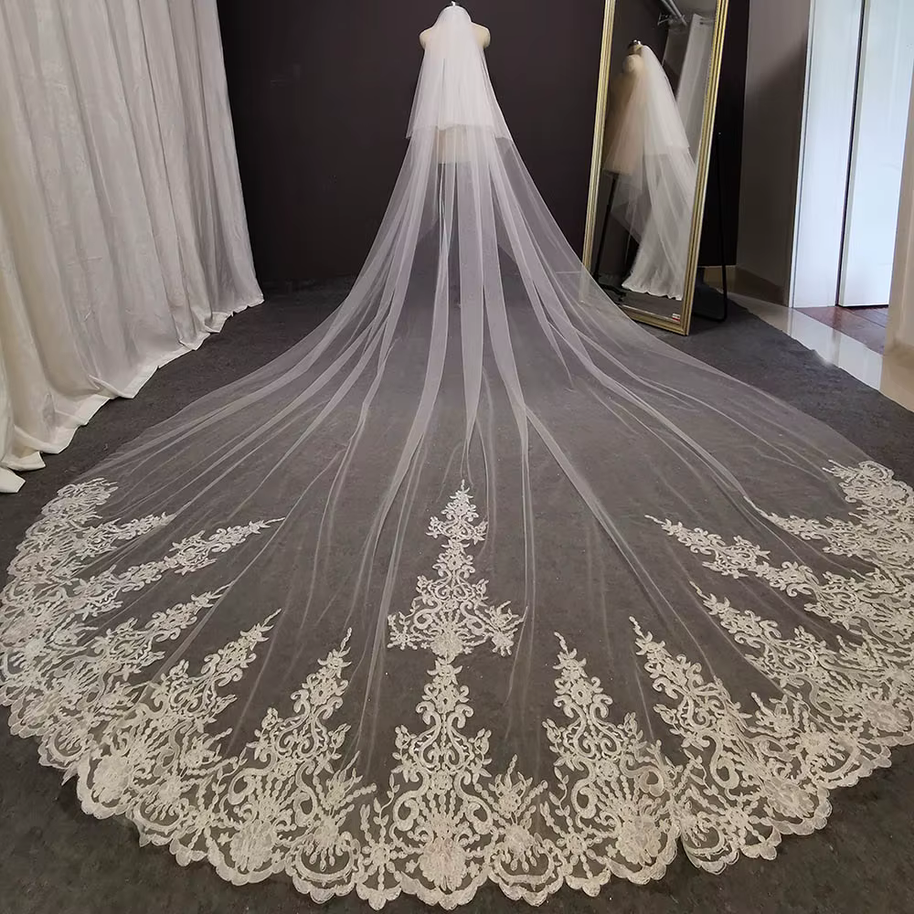 Photos réelles personnalisées 2 T longue dentelle voile de mariage 4 mètres blanc ivoire voile de ma