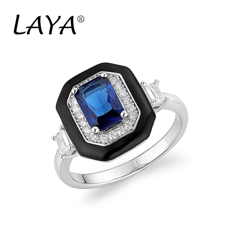 Laia – bague en argent Sterling 925 pour homme et femme, bague carrée en émail noir et bleu brillant