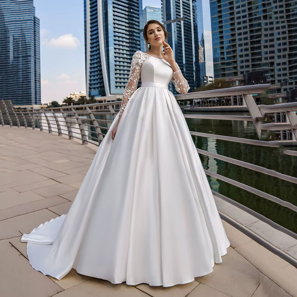 SoDigne dubaï robes de mariée modestes dentelle à manches longues robe de mariée en Satin avec ceint