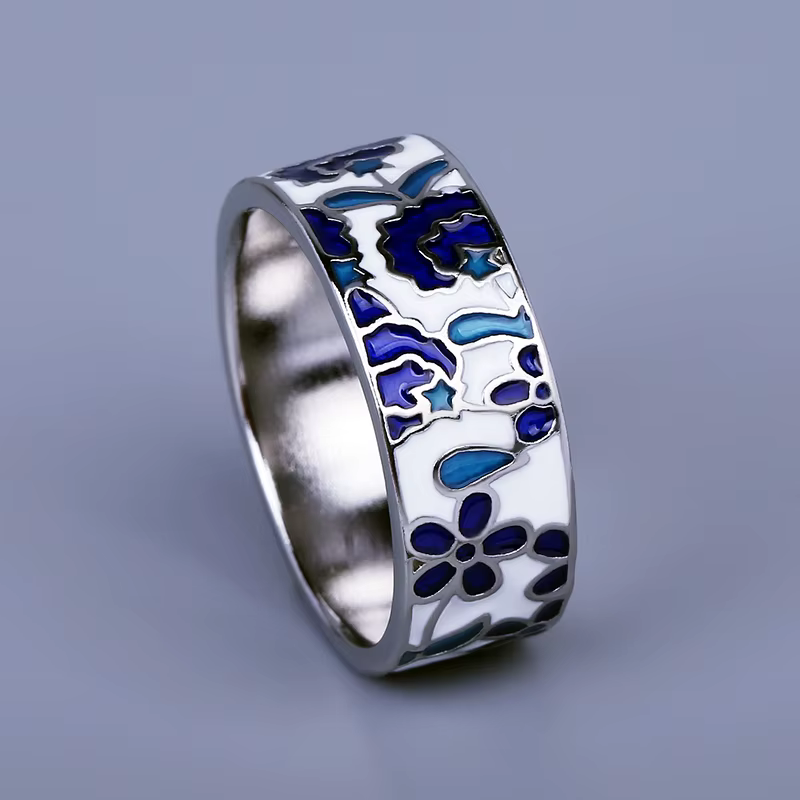 Bague en émail bleu pour femmes, nouvelle collection exquise, fleur, bijoux en émail faits à la main