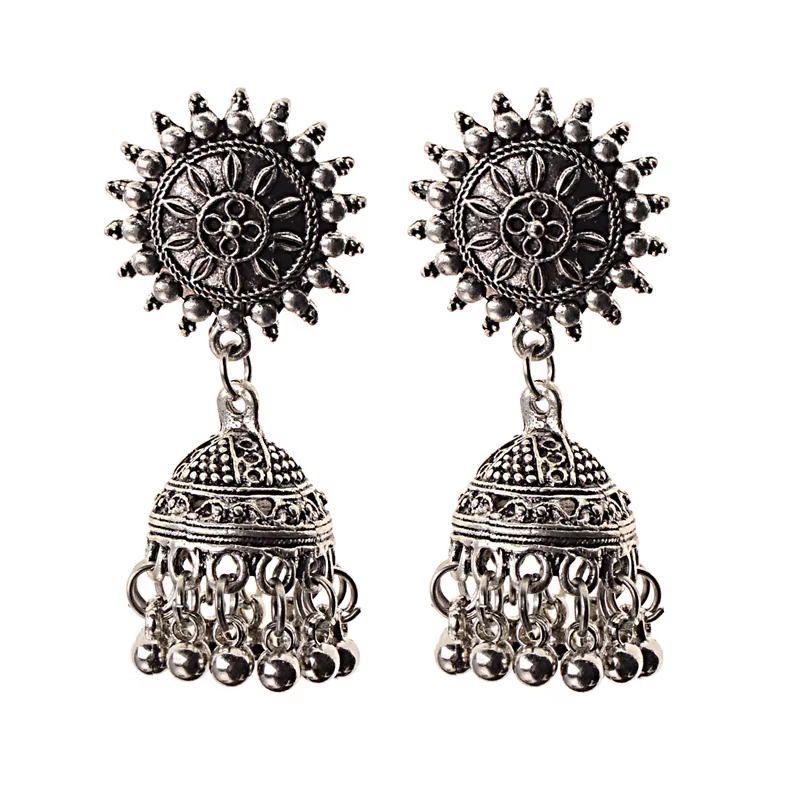 Boucles d'oreilles jhumka turques en argent pour femmes, bijoux indiens vintage, gland de cloche, fl