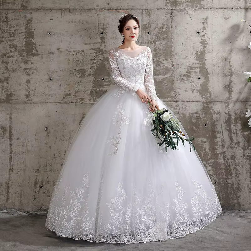 Robe de mariée Birde à manches longues, Robe de bal de luxe en dentelle, Robe de mariée, grande tail