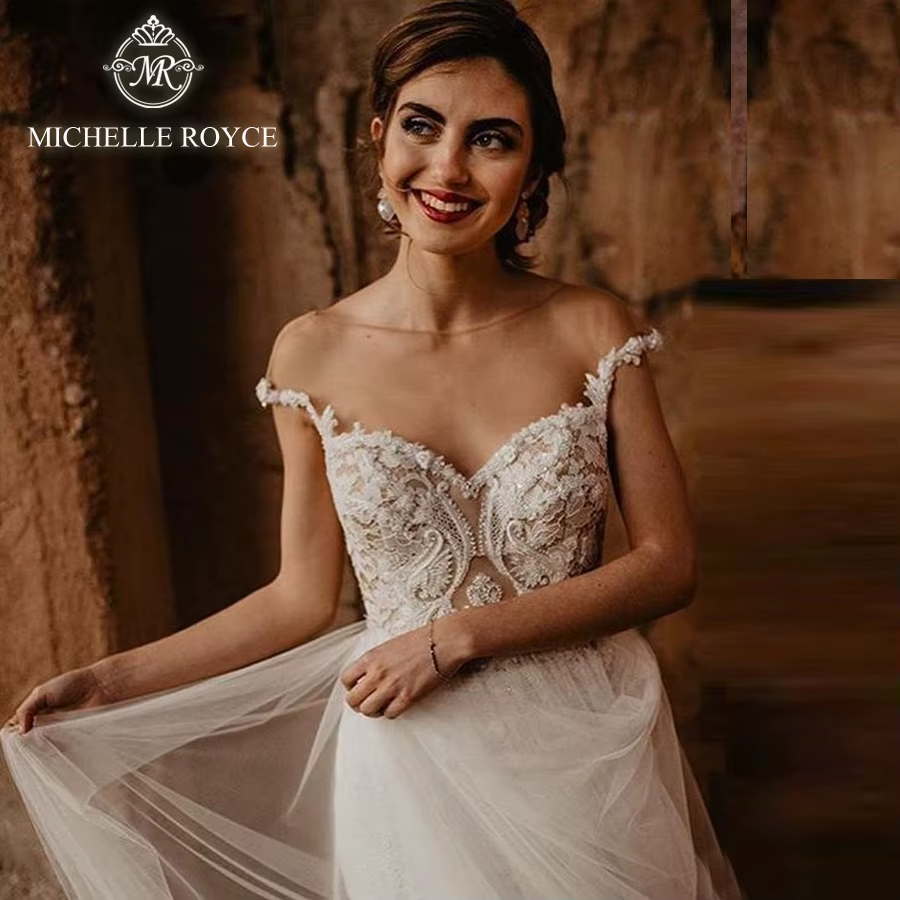 Michelle Royce a-ligne robes De mariée pour les femmes Sexy Appliques Illusion chapelle Train chérie