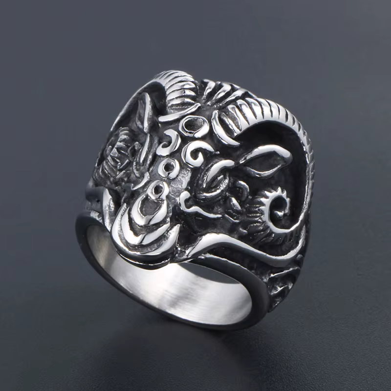 Anneau de tête de chèvre de mouton gothique vintage pour hommes, Cool RapMetal, Animal, Acier inoxyd
