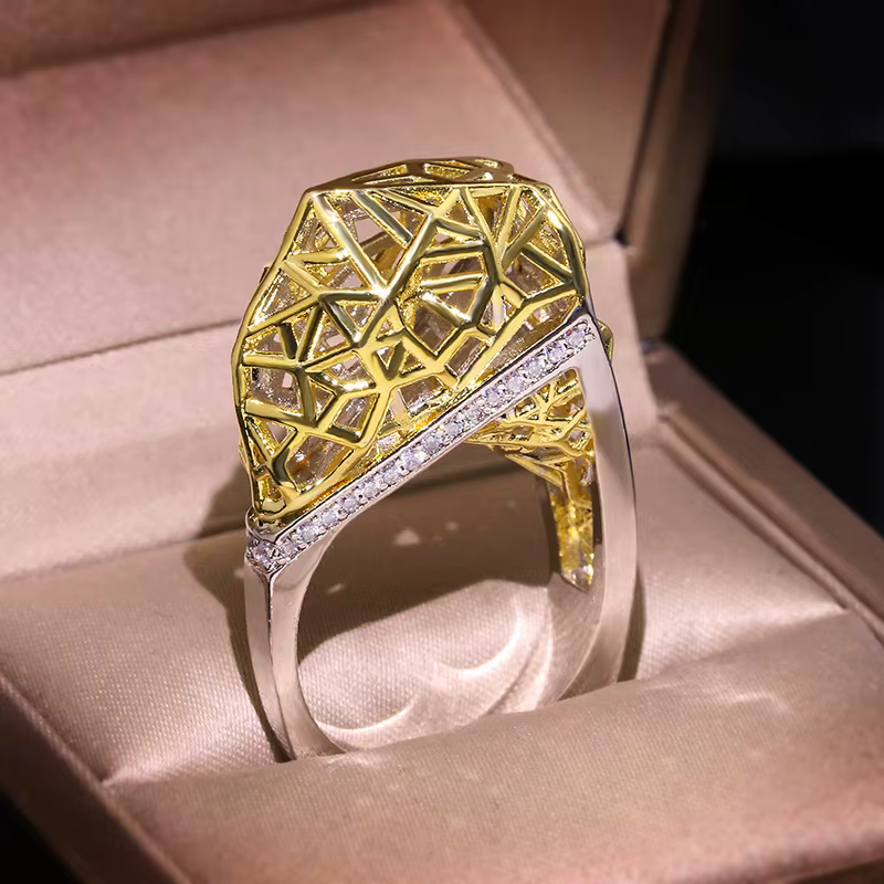 Bague de fiançailles géométrique exagérée pour femmes, bijoux à la mode, couleur or argent, grand an