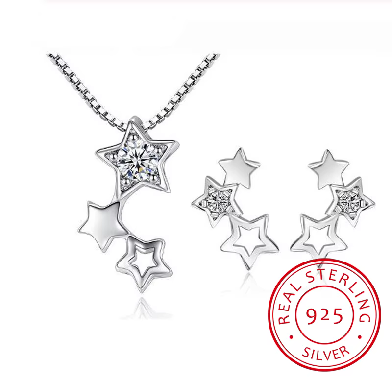 Ensemble de bijoux fins en argent regardé 925 pour femme, collier et boucles d'oreilles étoile en co