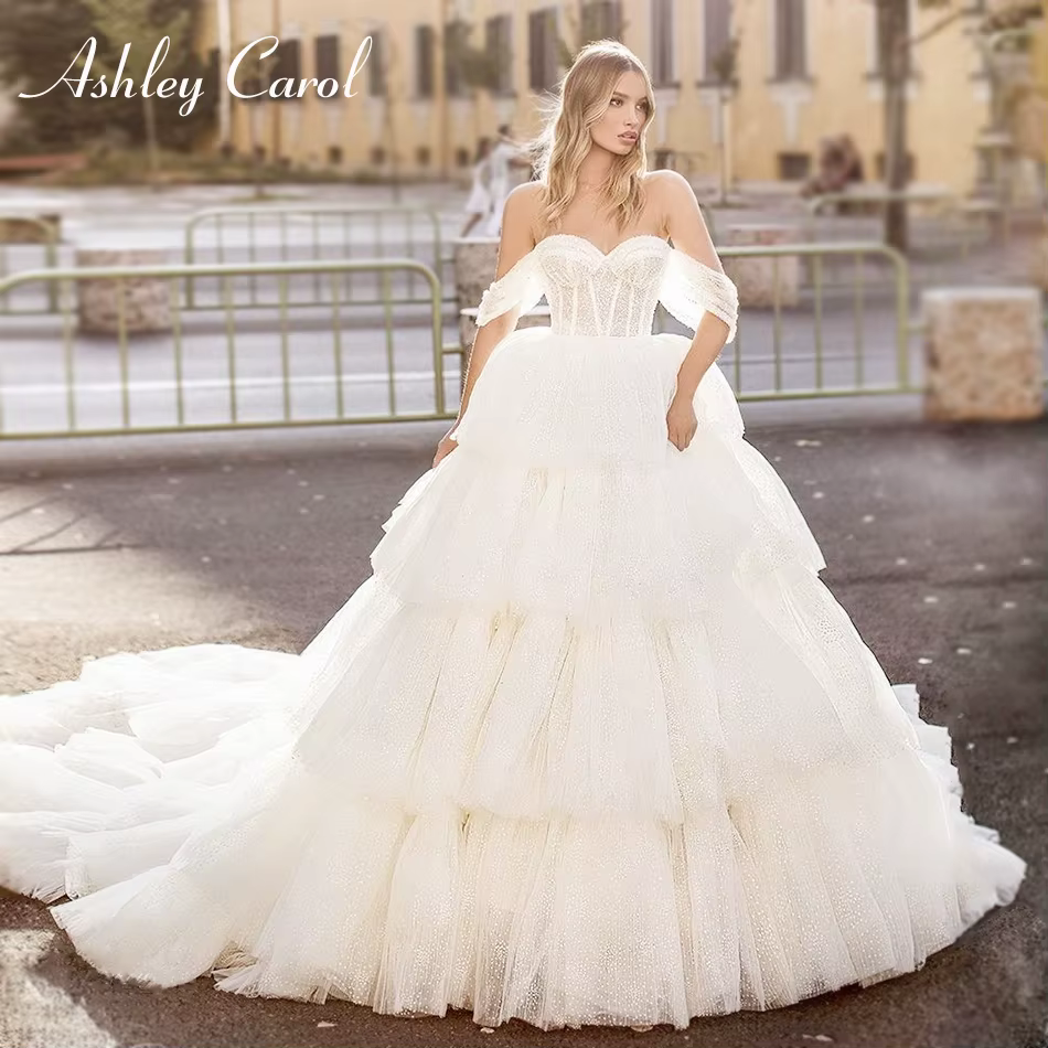 Ashley Carol a-ligne robe De mariée volants froncé Tulle perlé chérie Cap manches princesse robes De