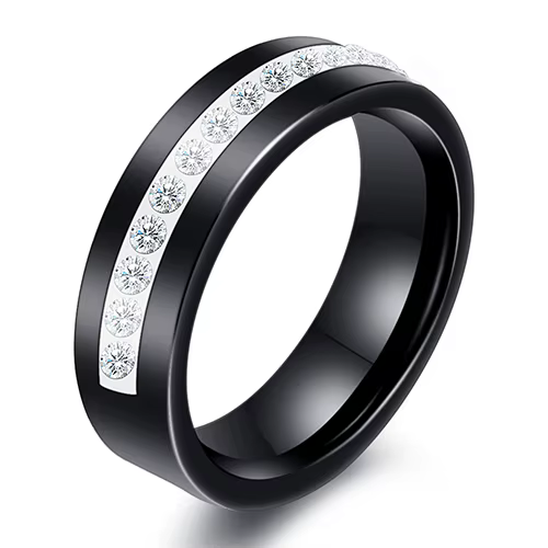 Bague de fiançailles en céramique noire et blanche avec une rangée de zircons australiens pour femme