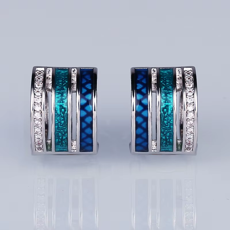 Boucles d'Oreilles Géométriques à Trois Rangées pour Femme, Plaqué Argent 925, Émail Coloré Chic, Bi